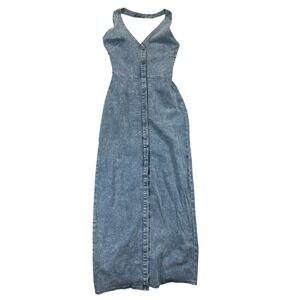 Here Comes The Sun Dress Women S Blue Acid Wash Denim Maxi Halter